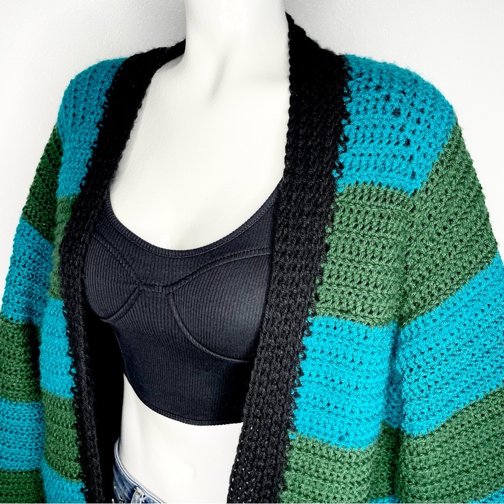 Vintage handmade crocheted Boho black green blue stripped long cardigan sweater